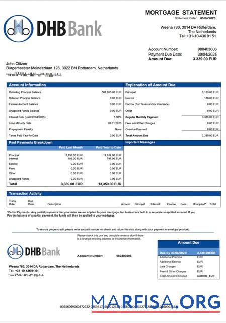 Downloadable Netherlands DHB Bank mortgage statement Word and PDF template